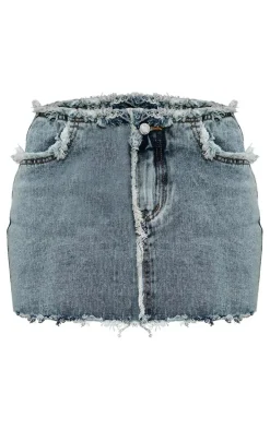 Vintage Wash Frayed Detail Denim Skirt