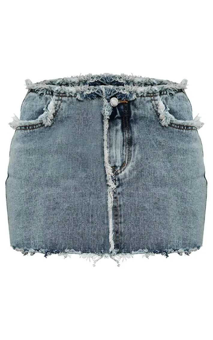 Vintage Wash Frayed Detail Denim Skirt