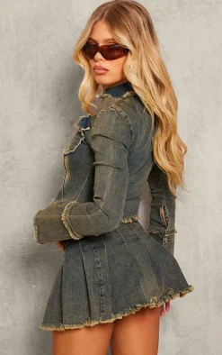 Vintage Wash Frayed Detail Zip Up Shirt