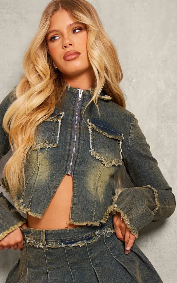 Vintage Wash Frayed Detail Zip Up Shirt