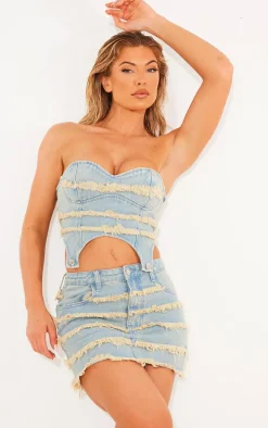Vintage Wash Frayed Seam Detail Denim Corset