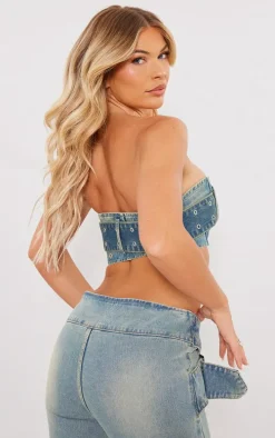 Vintage Wash Green Tint Belt Detail Denim Bandeau Crop Top