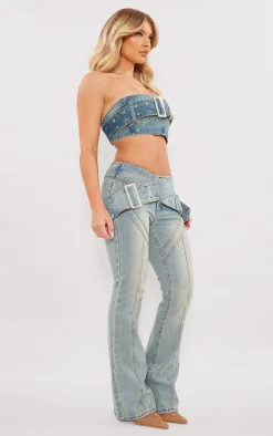 Vintage Wash Green Tint Belt Detail Denim Bandeau Crop Top