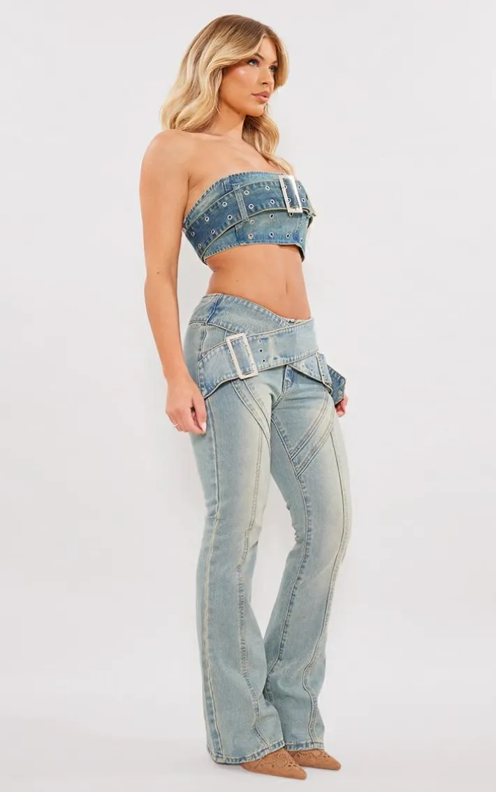 Vintage Wash Green Tint Belt Detail Denim Bandeau Crop Top