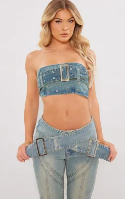 Vintage Wash Green Tint Belt Detail Denim Bandeau Crop Top