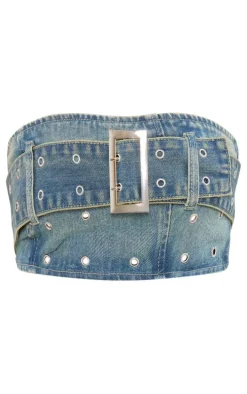 Vintage Wash Green Tint Belt Detail Denim Bandeau Crop Top