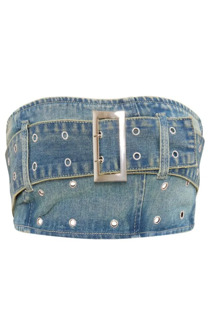 Vintage Wash Green Tint Belt Detail Denim Bandeau Crop Top