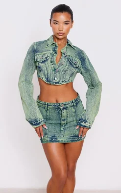 Vintage Wash Green Tint Dipped Hem Denim Jacket