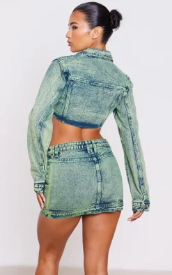 Vintage Wash Green Tint Dipped Hem Denim Jacket