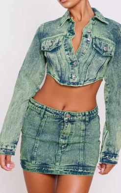 Vintage Wash Green Tint Dipped Hem Denim Jacket