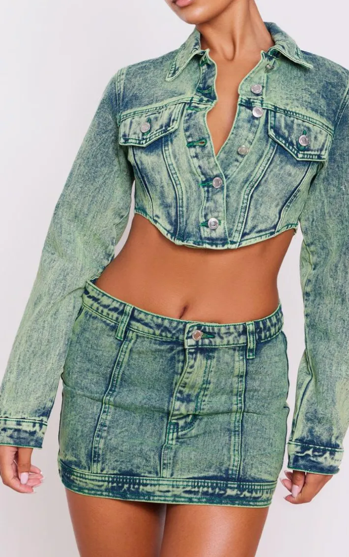 Vintage Wash Green Tint Dipped Hem Denim Jacket