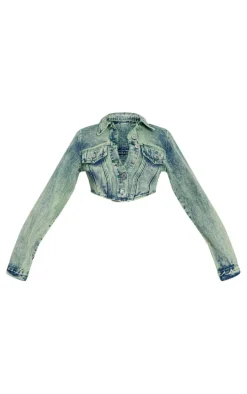 Vintage Wash Green Tint Dipped Hem Denim Jacket