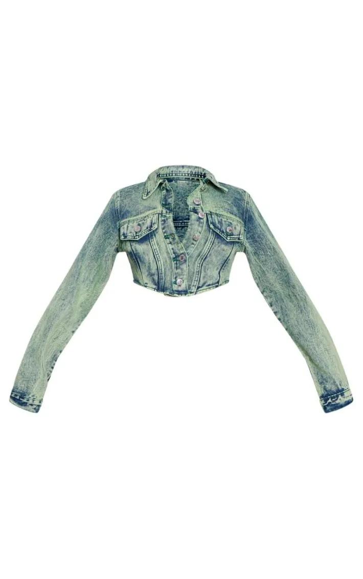 Vintage Wash Green Tint Dipped Hem Denim Jacket