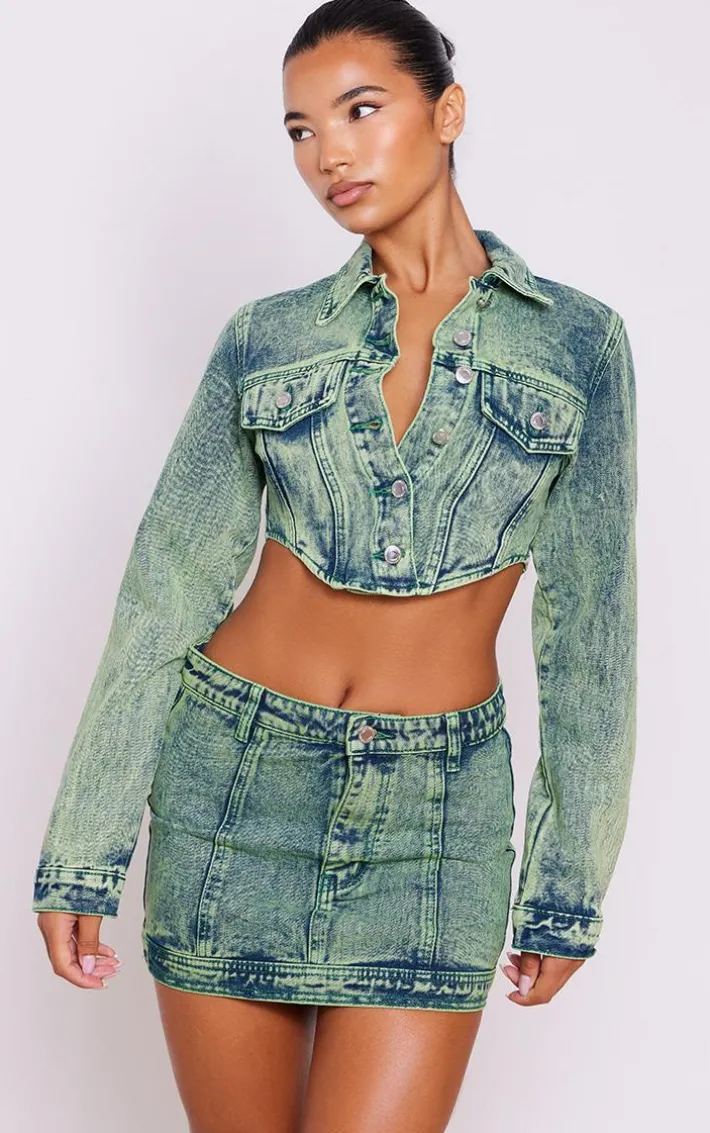 Vintage Wash Green Tint Low Rise Denim Mini Skirt