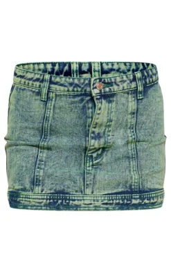 Vintage Wash Green Tint Low Rise Denim Mini Skirt