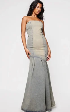 Vintage Wash Green Tint Studded Seam Detail Frill Hem Denim Maxi Dress