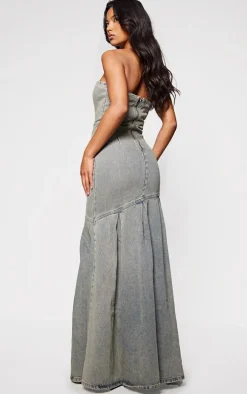 Vintage Wash Green Tint Studded Seam Detail Frill Hem Denim Maxi Dress