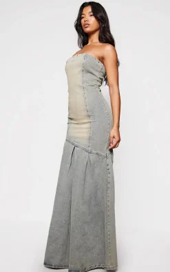 Vintage Wash Green Tint Studded Seam Detail Frill Hem Denim Maxi Dress