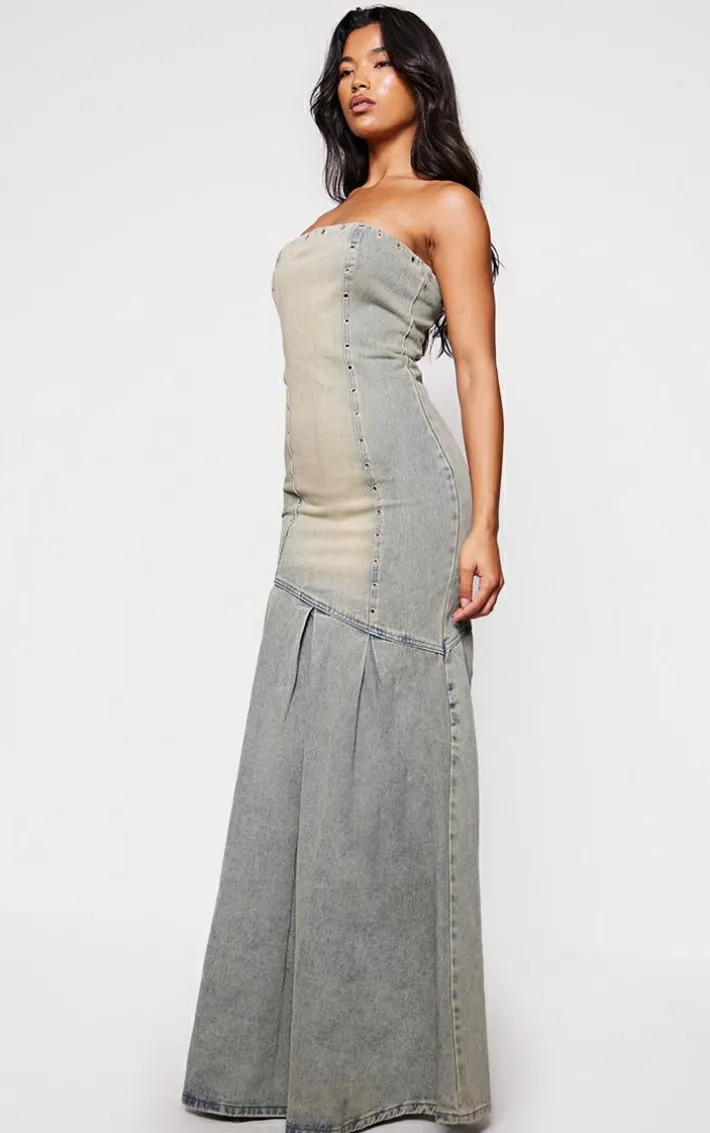 Vintage Wash Green Tint Studded Seam Detail Frill Hem Denim Maxi Dress
