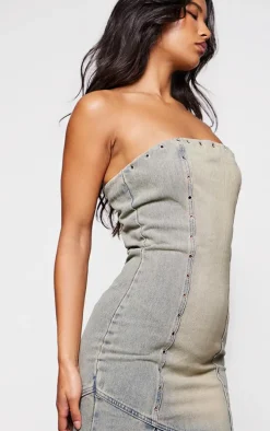 Vintage Wash Green Tint Studded Seam Detail Frill Hem Denim Maxi Dress