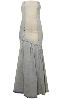 Vintage Wash Green Tint Studded Seam Detail Frill Hem Denim Maxi Dress