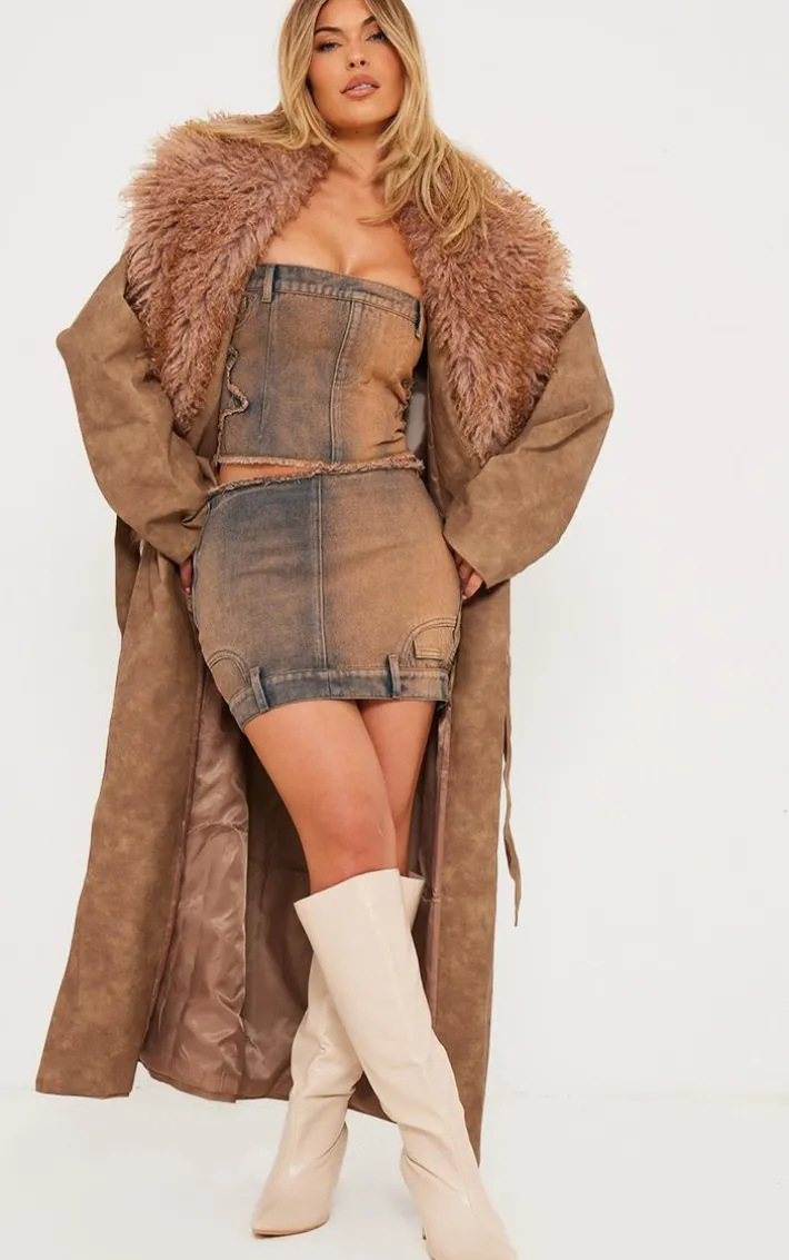 Vintage Wash Orange Tint Raw Hem Star Embroidery Bandeau Denim Top