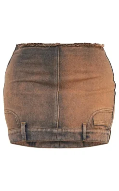 Vintage Wash Orange Tint Raw Hem Star Embroidery Denim Mini Skirt