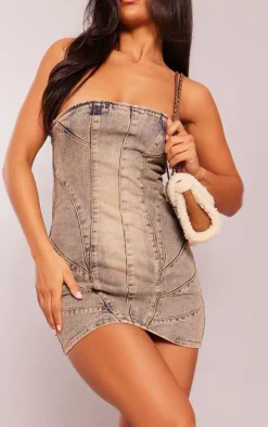 Vintage Wash Pink Tint Seam Detail Bandeau Denim Mini Dress