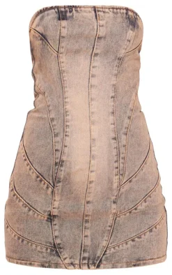 Vintage Wash Pink Tint Seam Detail Bandeau Denim Mini Dress