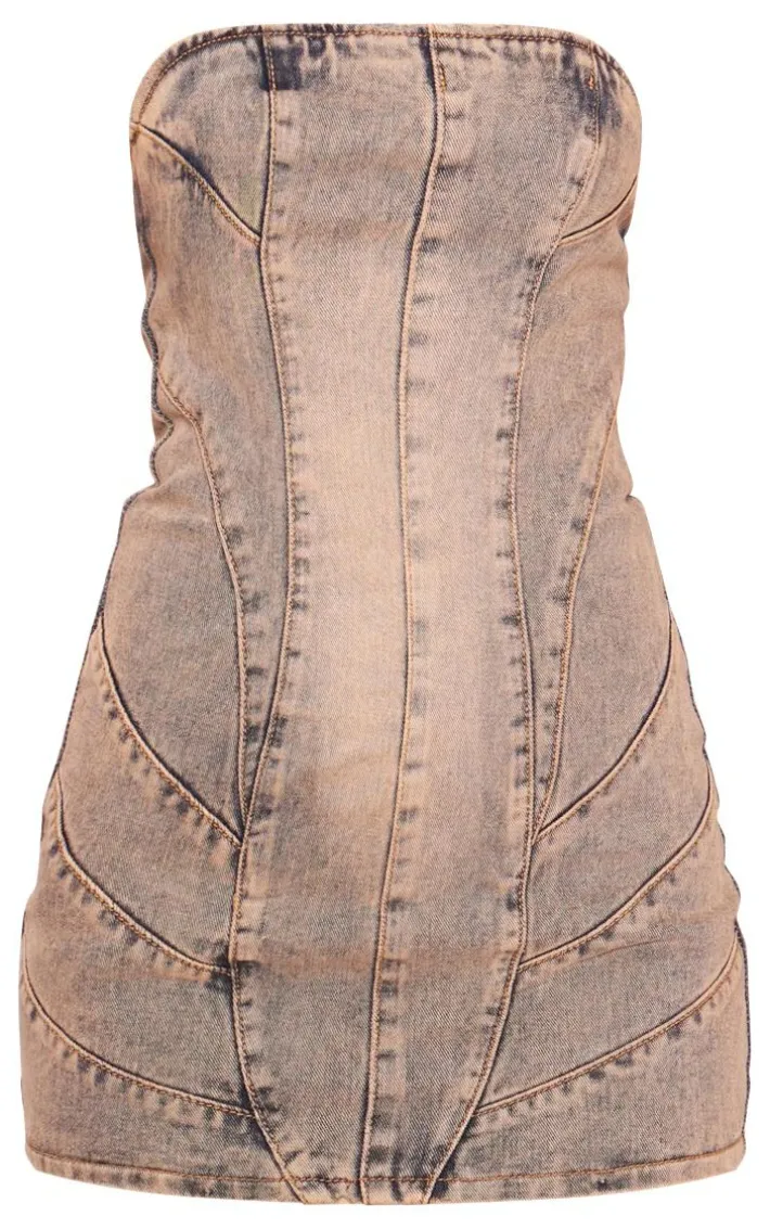 Vintage Wash Pink Tint Seam Detail Bandeau Denim Mini Dress