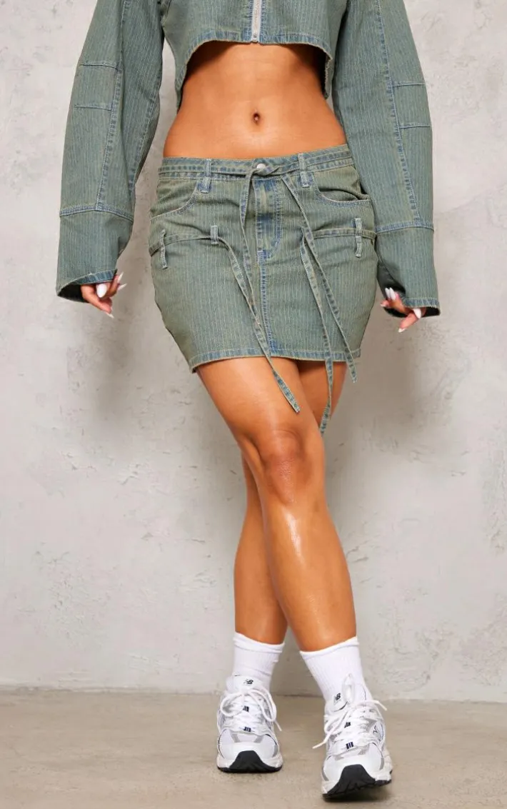 Vintage Wash Pinstripe Tie Detail Denim Mini Skirt