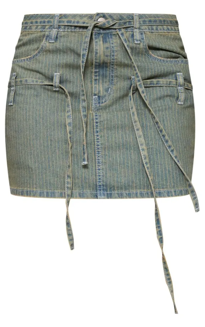 Vintage Wash Pinstripe Tie Detail Denim Mini Skirt