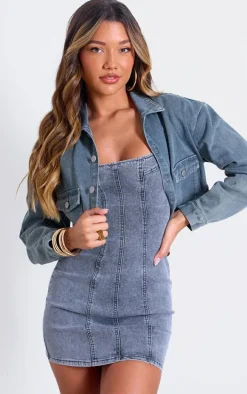 Vintage Wash Raw Edge Cropped Denim Jacket