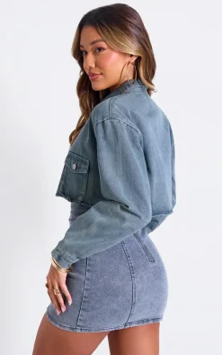 Vintage Wash Raw Edge Cropped Denim Jacket