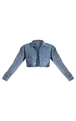 Vintage Wash Raw Edge Cropped Denim Jacket