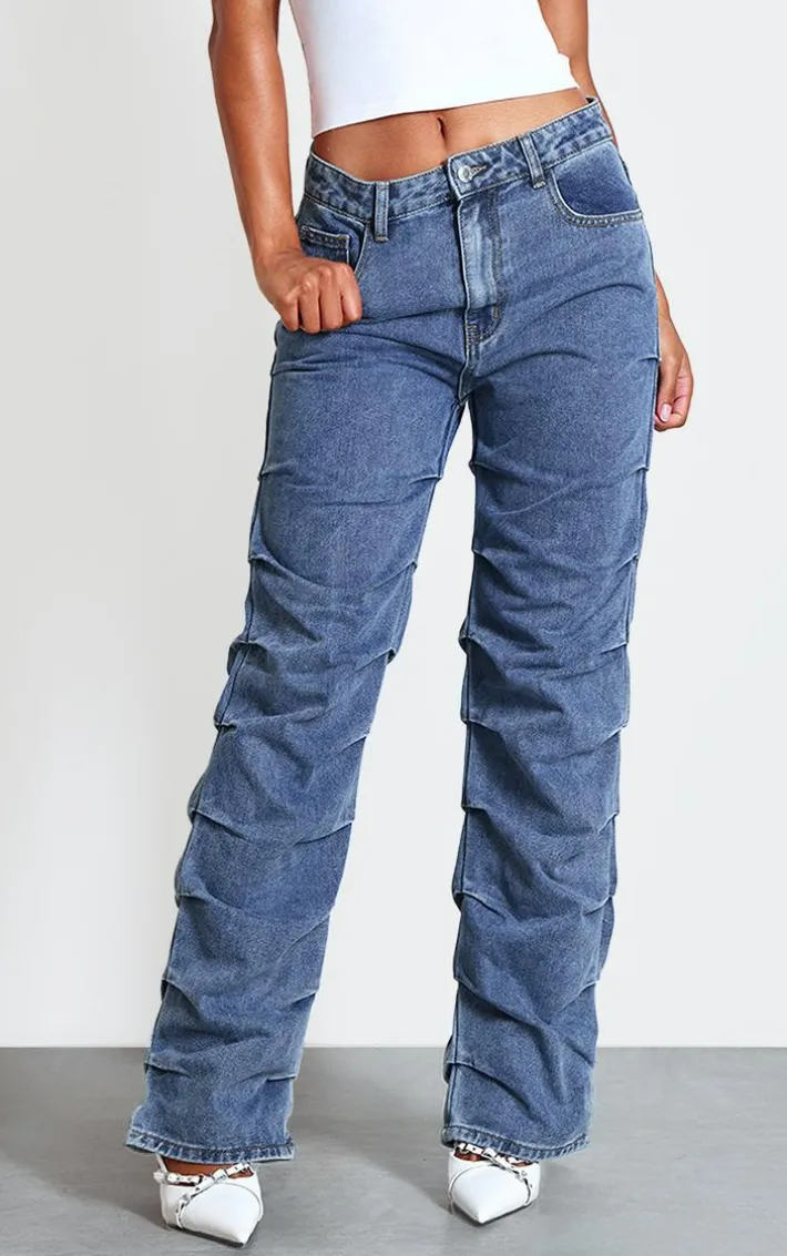 Vintage Wash Ruched Straight Leg Denim Jeans