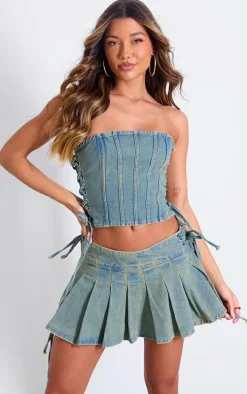 Vintage Wash Seam Detail Side Lace Up Denim Corset Top