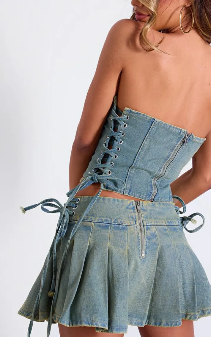 Vintage Wash Seam Detail Side Lace Up Denim Corset Top