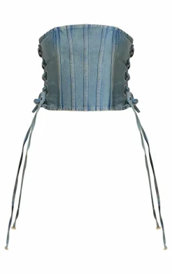 Vintage Wash Seam Detail Side Lace Up Denim Corset Top