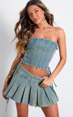 Vintage Wash Side Lace Up Pleated Denim Mini Skirt