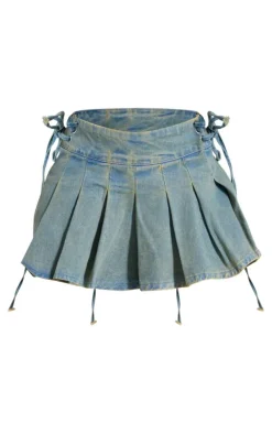 Vintage Wash Side Lace Up Pleated Denim Mini Skirt