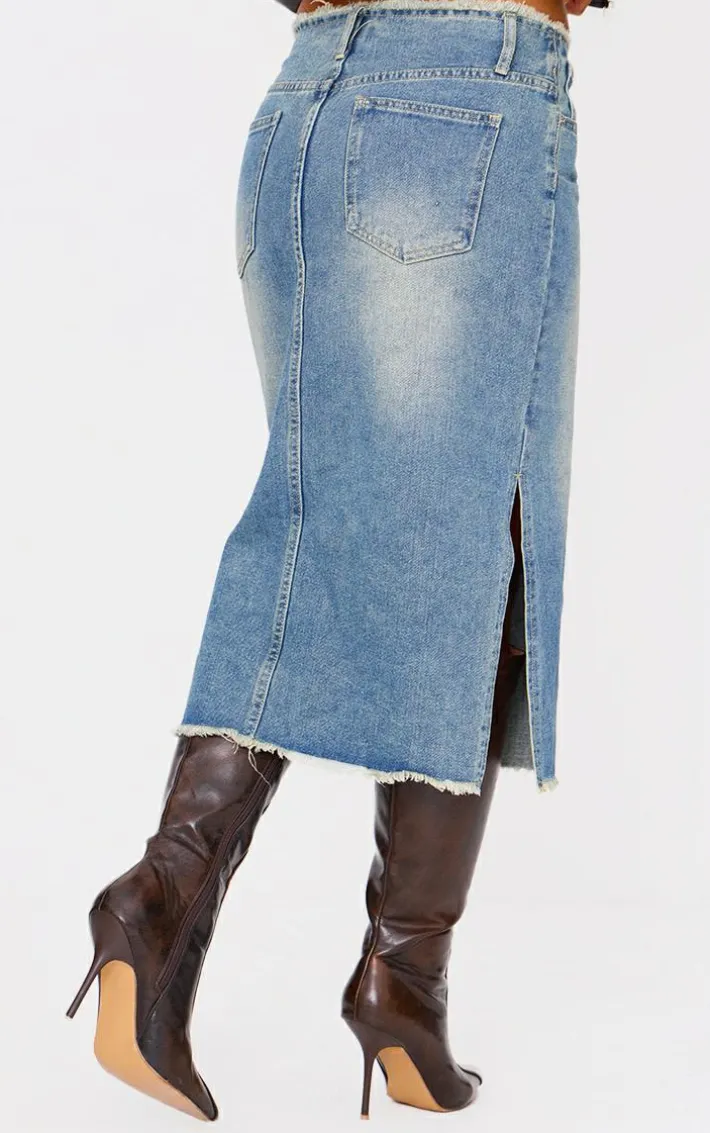 Vintage Wash Side Split Raw Hem Denim Midi Skirt
