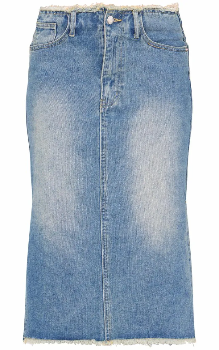 Vintage Wash Side Split Raw Hem Denim Midi Skirt