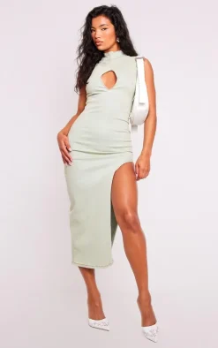 Vintage Wash Side Split Stretch Denim Midi Dress