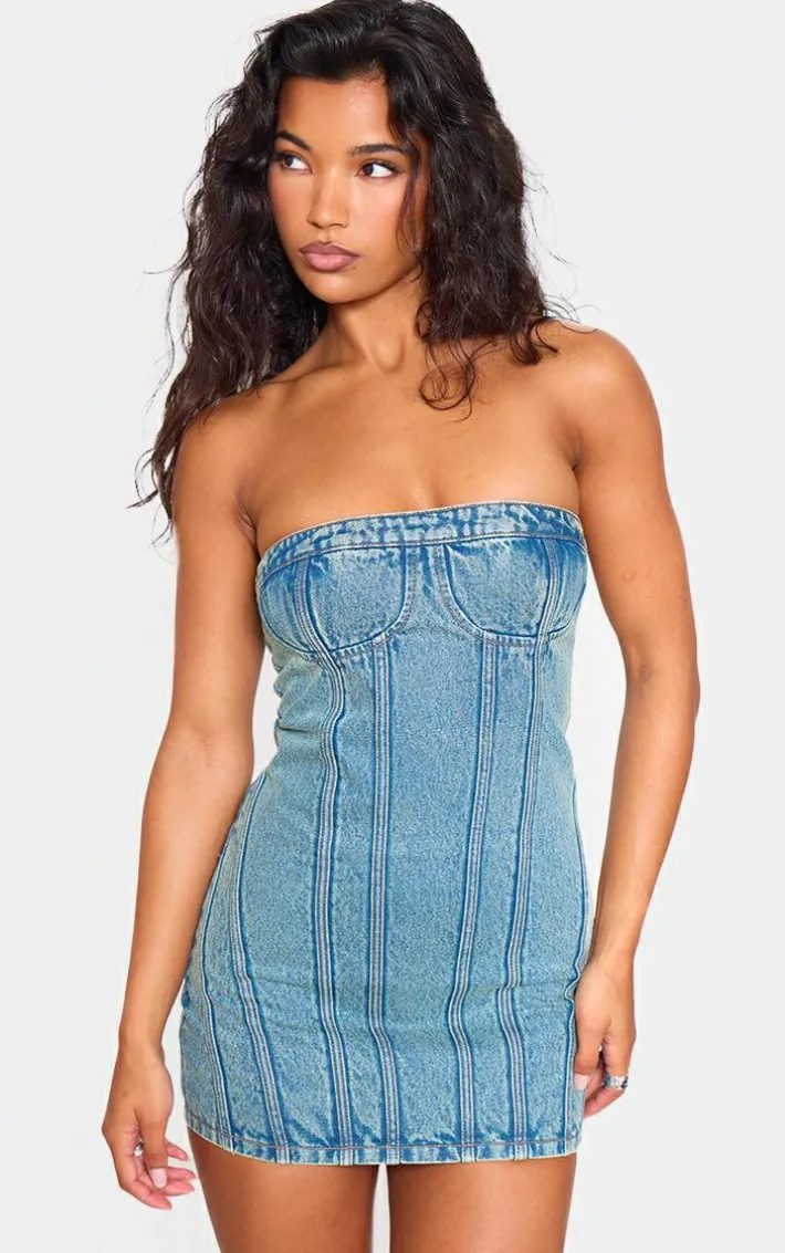 Vintage Wash Strapless Corset Seam Denim Bodycon Dress