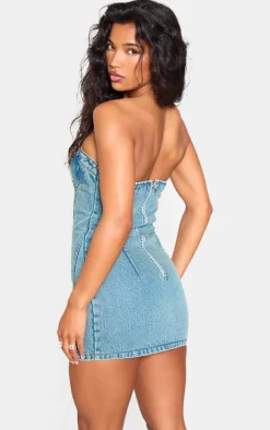 Vintage Wash Strapless Corset Seam Denim Bodycon Dress