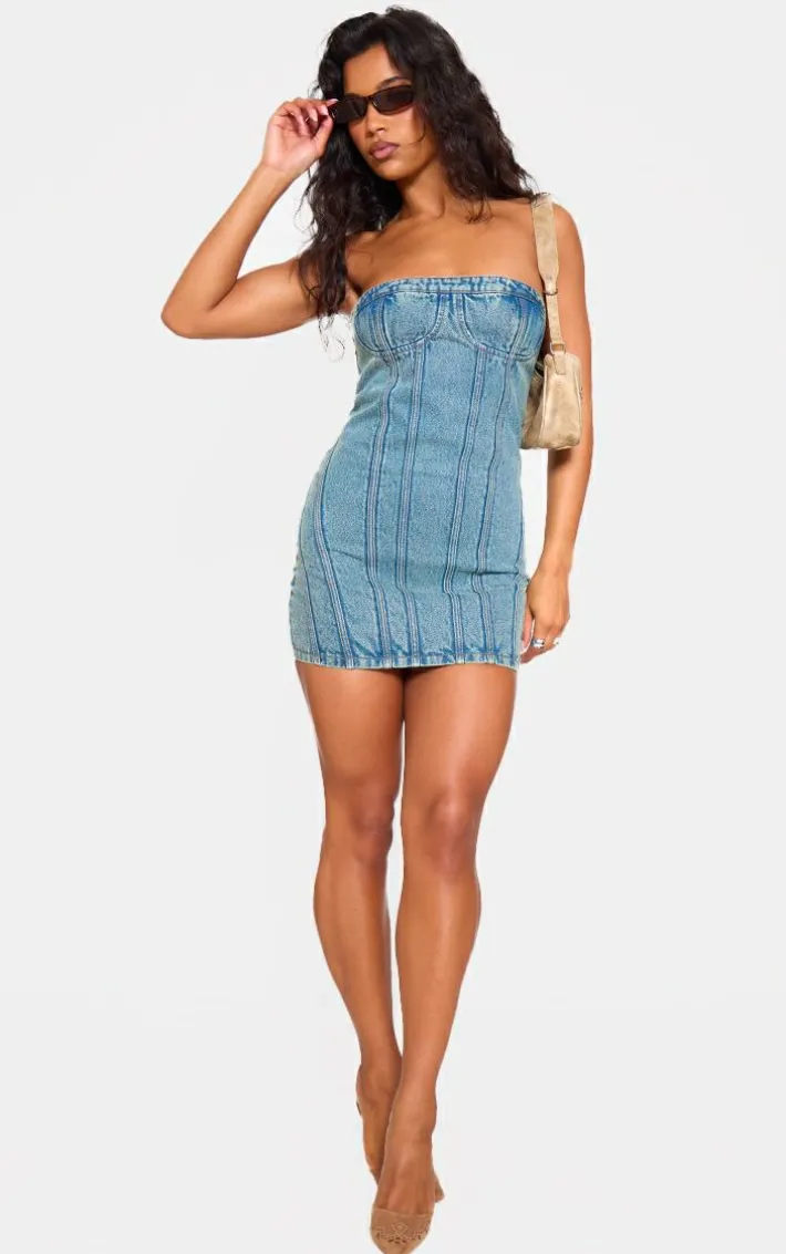 Vintage Wash Strapless Corset Seam Denim Bodycon Dress