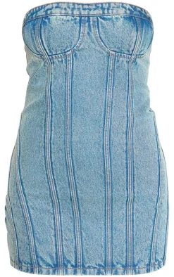 Vintage Wash Strapless Corset Seam Denim Bodycon Dress