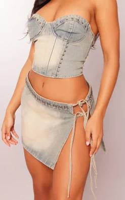 Vintage Wash Studded Tie Side Denim Mini Skirt