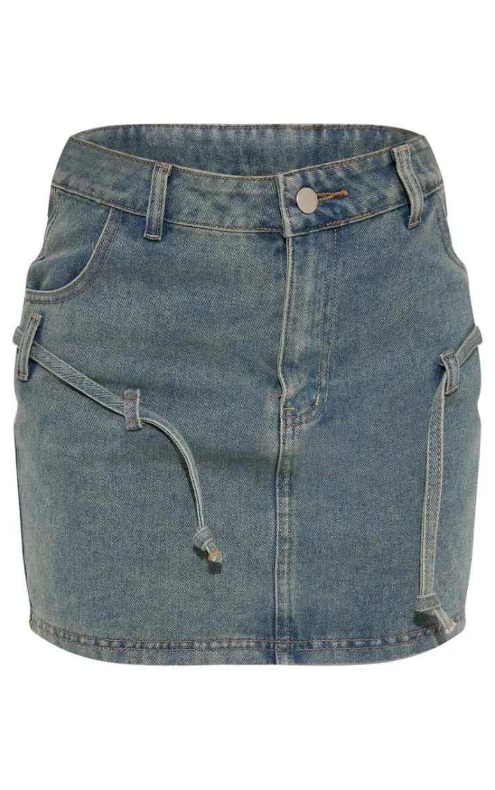 Vintage Wash Tie Detail Denim Mini Skirt
